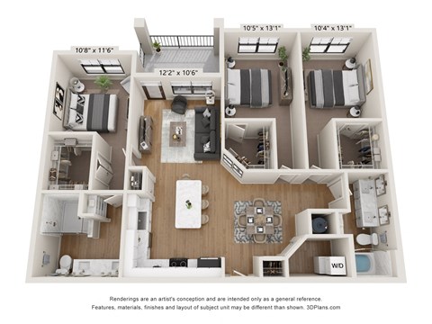 Floor plan for 3 beds, 2 baths, 1459 sqft